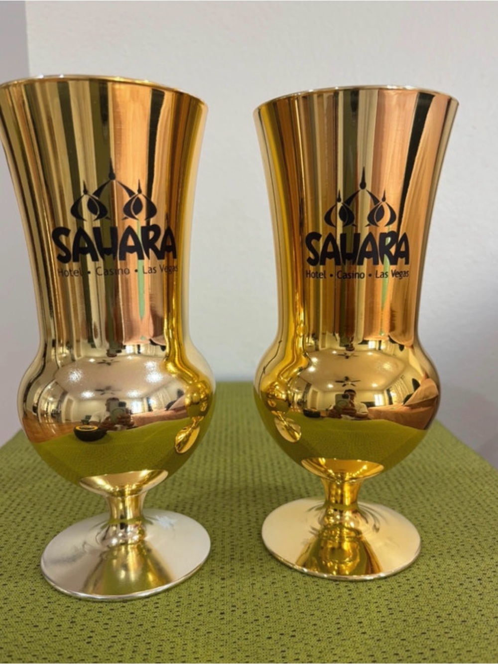 Vintage Sahara Hotel Casino Las Vegas Gold Mirror Hurricane Glass Goblets Pair